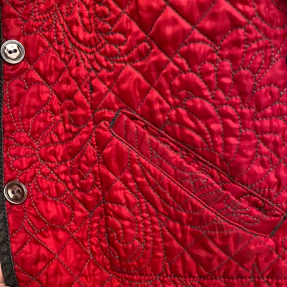 Sz 1 (8/Med) Chicos Reversible Floral Quilted Pattern Red Dark Wash Denim Pocket - Picture 13 of 15